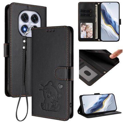 Embossed Heart Cat Leather Phone Case with Hand Strap, For Redmi Note 14 5G India / Xiaomi M7 Pro 5G, For Redmi Note 14 Pro 4G Global