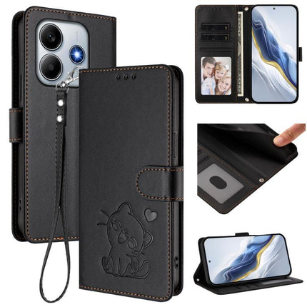 Embossed Heart Cat Leather Phone Case with Hand Strap, For Redmi Note 14 4G 163.25mm, For Redmi A4 5G / A3 Pro / 14C 4G / 14R