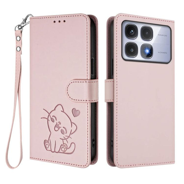 Embossed Heart Cat Leather Phone Case with Hand Strap, For Redmi K70 Ultra 5G, For Redmi A3 4G / A3x / Xiaomi Poco C61