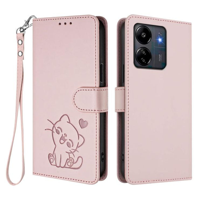 Embossed Heart Cat Leather Phone Case with Hand Strap, For Redmi 13C 4G / 5G / Xiaomi Poco C65, For Redmi Note 13 4G Global
