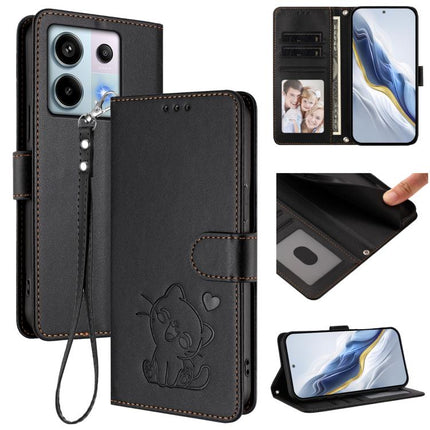 Embossed Heart Cat Leather Phone Case with Hand Strap, For Redmi Note 13 Pro 5G Global, For Redmi Note 13 5G Global
