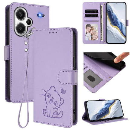 Embossed Heart Cat Leather Phone Case with Hand Strap, For Redmi Note 13 Pro+ 5G Global, For Redmi 12 4G / 5G / Note 12R