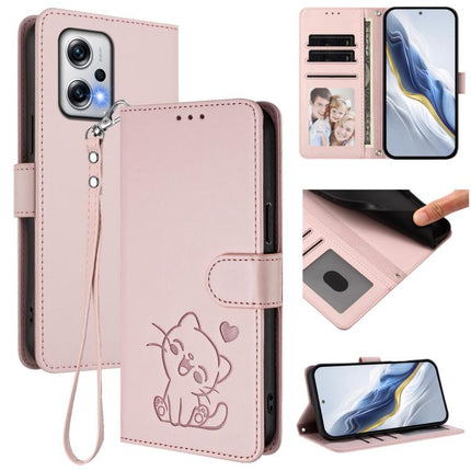 Embossed Heart Cat Leather Phone Case with Hand Strap, For Redmi K50i / Note 12T Pro, For Redmi Note 12 Turbo 5G / Xiaomi Poco F5