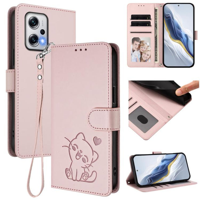 Embossed Heart Cat Leather Phone Case with Hand Strap, For Redmi K50i / Note 12T Pro, For Redmi Note 12 Turbo 5G / Xiaomi Poco F5