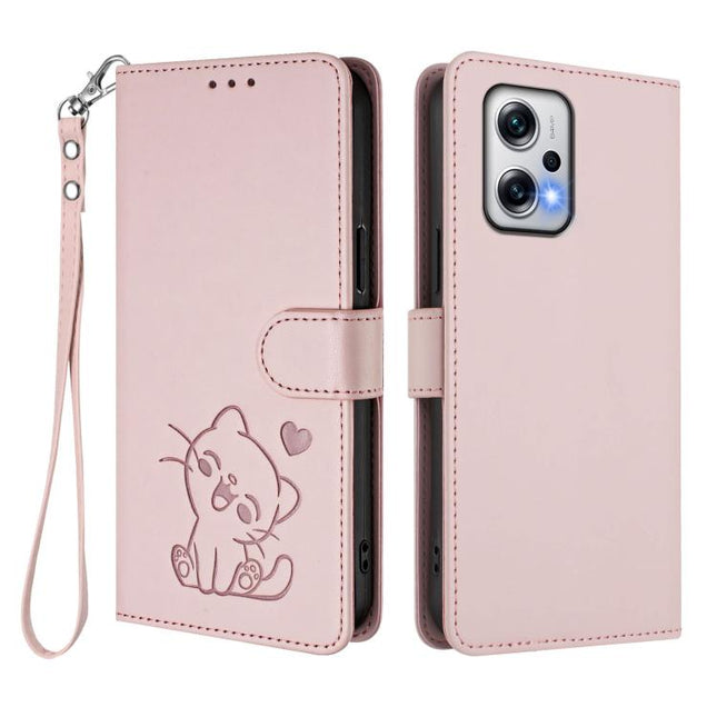 Embossed Heart Cat Leather Phone Case with Hand Strap, For Redmi K50i / Note 12T Pro, For Redmi Note 12 Turbo 5G / Xiaomi Poco F5