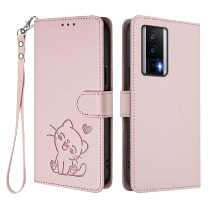 Embossed Heart Cat Leather Phone Case with Hand Strap, For Redmi K60 / K60 Pro, For Redmi Note 11 4G / Note 11S 4G Global