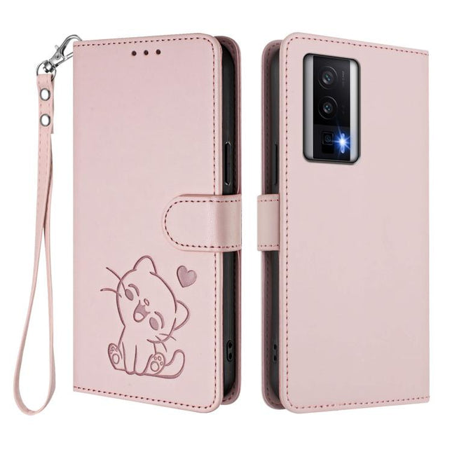 Embossed Heart Cat Leather Phone Case with Hand Strap, For Redmi K60 / K60 Pro, For Redmi Note 11 4G / Note 11S 4G Global