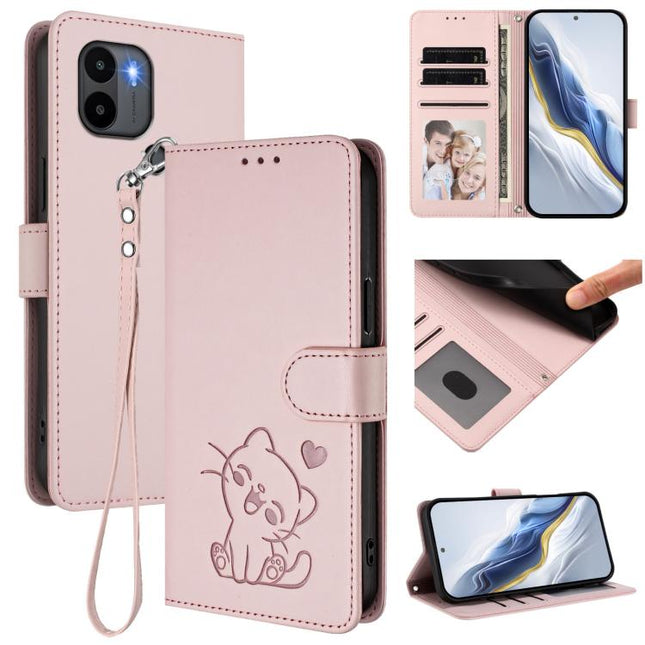 Embossed Heart Cat Leather Phone Case with Hand Strap, For Redmi A1+ / A2+ / Xiaomi Poco C51, For Redmi Note 11 Pro 5G / 4G Global
