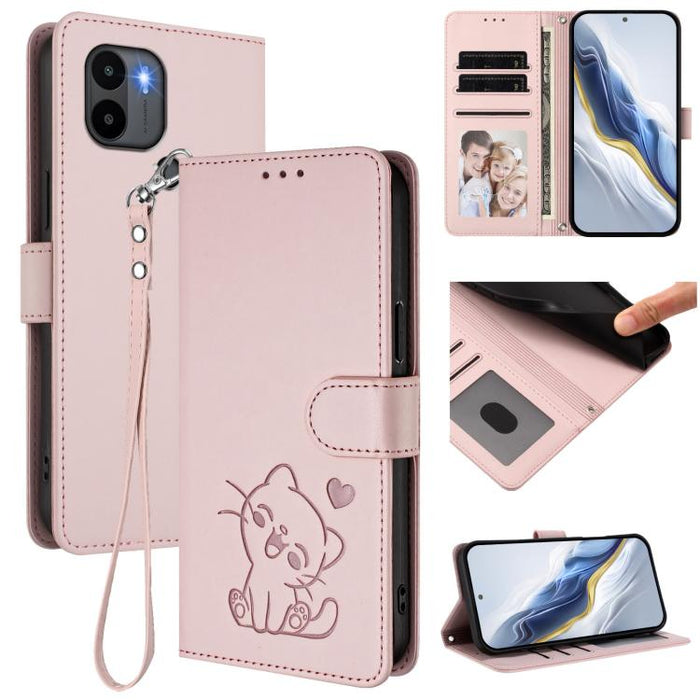 Embossed Heart Cat Leather Phone Case with Hand Strap, For Redmi A1+ / A2+ / Xiaomi Poco C51, For Redmi Note 11 Pro 5G / 4G Global
