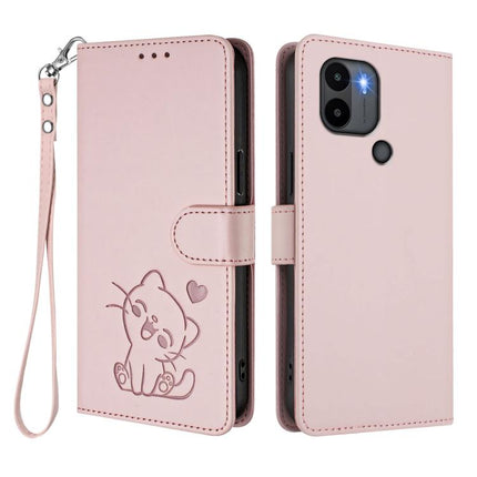 Embossed Heart Cat Leather Phone Case with Hand Strap, For Redmi A1+ / A2+ / Xiaomi Poco C51, For Redmi Note 11 Pro 5G / 4G Global