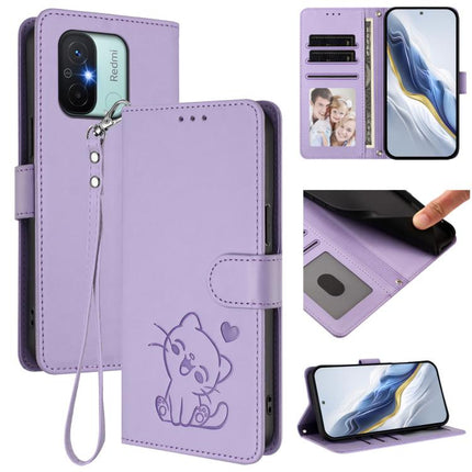 Embossed Heart Cat Leather Phone Case with Hand Strap, For Redmi 11A / Xiaomi Poco C55, For Redmi Note 12 Pro+ 5G India
