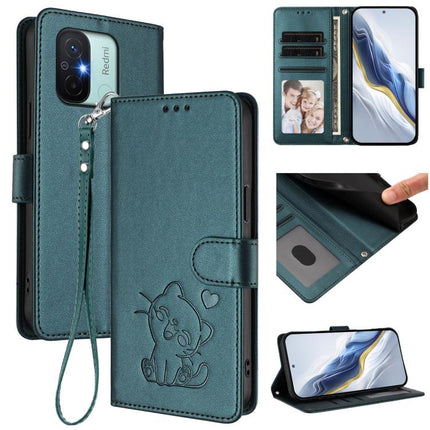 Embossed Heart Cat Leather Phone Case with Hand Strap, For Redmi 11A / Xiaomi Poco C55, For Redmi Note 12 Pro+ 5G India