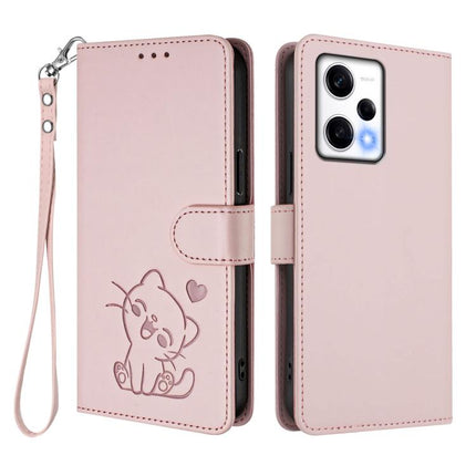 Embossed Heart Cat Leather Phone Case with Hand Strap, For Redmi Note 12 Pro Speed / Note 12 Pro 5G, For Redmi Note 12 5G India / Xiaomi Poco X5
