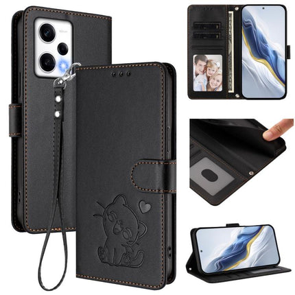 Embossed Heart Cat Leather Phone Case with Hand Strap, For Redmi Note 12 Pro Speed / Note 12 Pro 5G, For Redmi Note 12 5G India / Xiaomi Poco X5