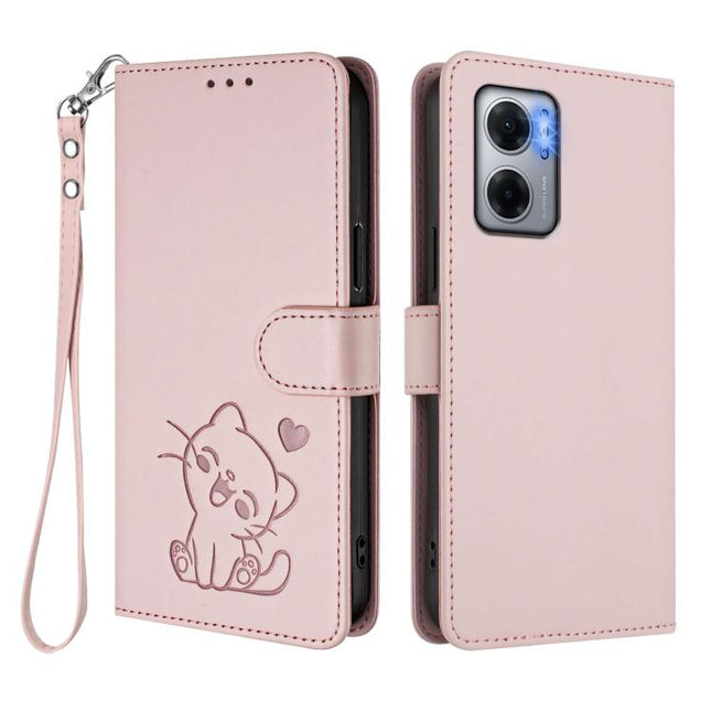 Embossed Heart Cat Leather Phone Case with Hand Strap, For Redmi 10 5G / 10 Prime+ 5G India, For Redmi K50 Ultra / Xiaomi 12T / 12T Pro
