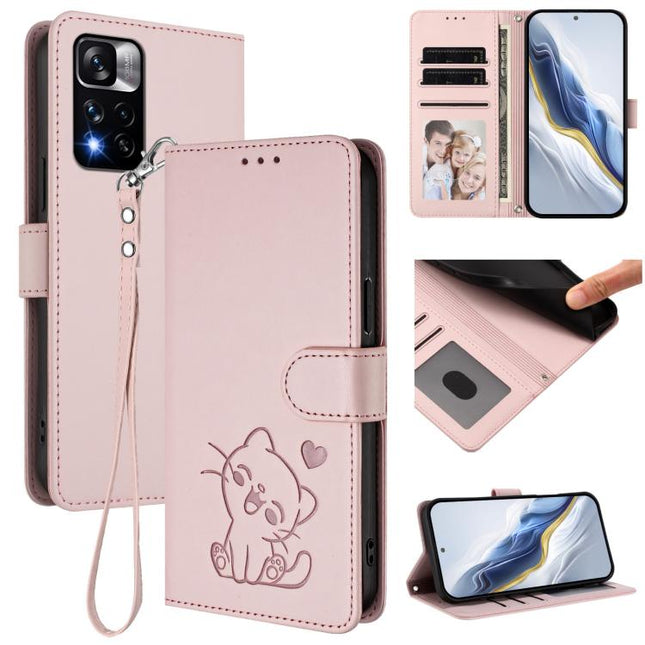 Embossed Heart Cat Leather Phone Case with Hand Strap, For Redmi Note 11 Pro+ 5G EU, For Redmi 10 2022 India / 10C