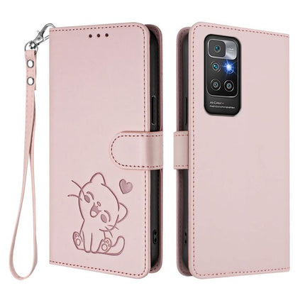 Embossed Heart Cat Leather Phone Case with Hand Strap, For Redmi 10 2022