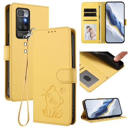 Embossed Heart Cat Leather Phone Case with Hand Strap, For Redmi 10 2022