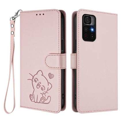 Embossed Heart Cat Leather Phone Case with Hand Strap, For Redmi Note 11S 5G / Xiaomi Poco M4 Pro 5G, For Redmi 10A / 9C