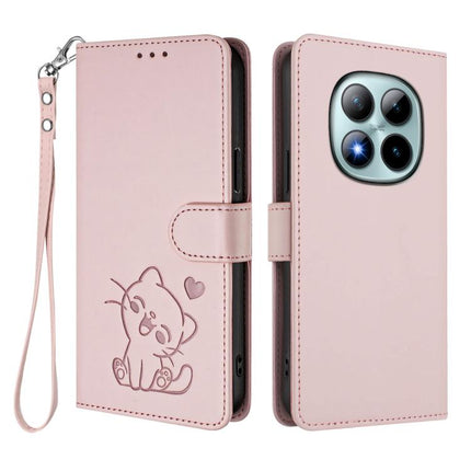 Embossed Heart Cat Leather Phone Case with Hand Strap, For Redmi Note 15 Pro+ 5G 163.3mm/Poco M8 Pro 5G, For Redmi Note 15 5G / 4G 164mm / Poco M8 5G