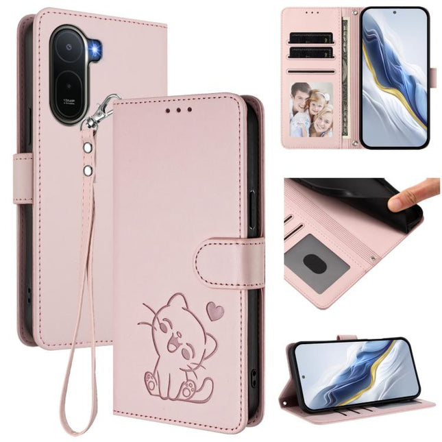 Embossed Heart Cat Leather Phone Case with Hand Strap, For Redmi A7 Pro 4G / 5G 171mm / Poco C85x 5G, For Redmi 15a 5G