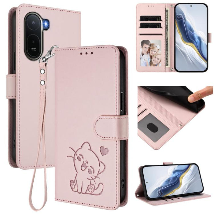 Embossed Heart Cat Leather Phone Case with Hand Strap, For Redmi A7 Pro 4G / 5G 171mm / Poco C85x 5G, For Redmi 15a 5G