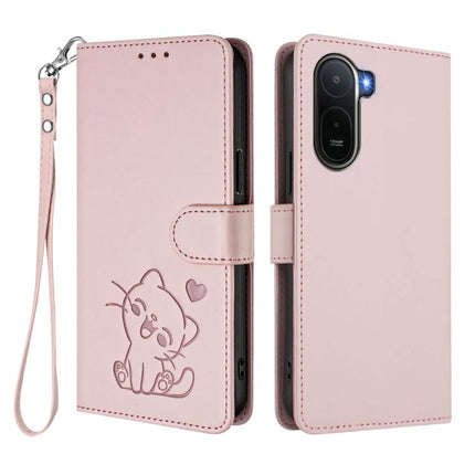 Embossed Heart Cat Leather Phone Case with Hand Strap, For Redmi A7 Pro 4G / 5G 171mm / Poco C85x 5G, For Redmi 15a 5G