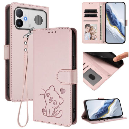Embossed Heart Cat Leather Phone Case with Hand Strap, For Redmi A5 4G 171.7mm / Xiaomi Poco C71, For Redmi K90 Max 5G