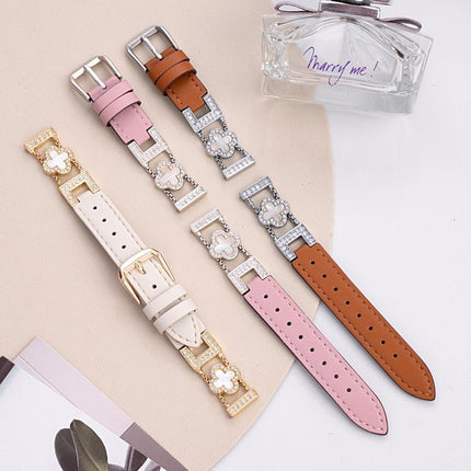 xDfind Four-leaf Clover Metal Hybrid Leather Watch Band, 14mm