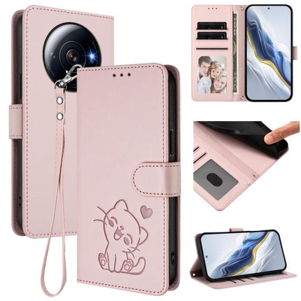 Embossed Heart Cat Leather Phone Case with Hand Strap, For Xiaomi 12S Ultra, For Xiaomi 12 Pro / 12S Pro