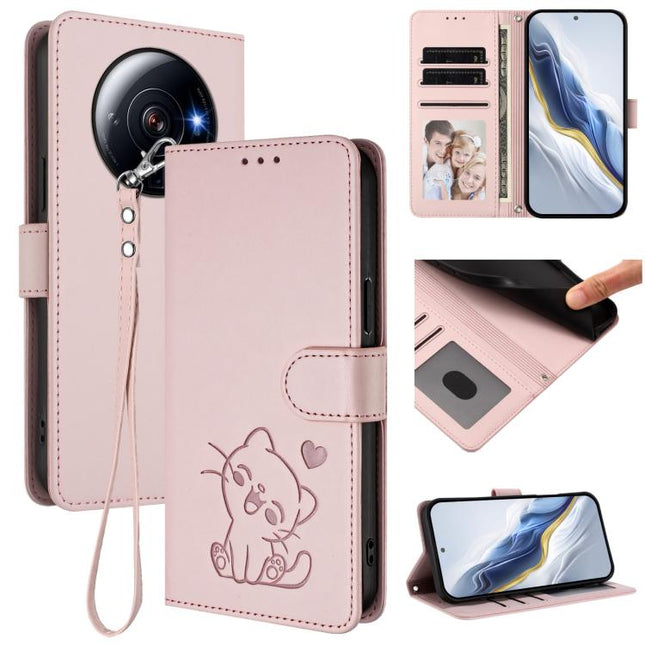 Embossed Heart Cat Leather Phone Case with Hand Strap, For Xiaomi 12S Ultra, For Xiaomi 12 Pro / 12S Pro