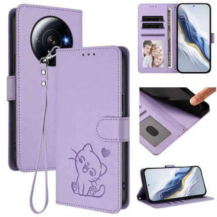 Embossed Heart Cat Leather Phone Case with Hand Strap, For Xiaomi 12S Ultra, For Xiaomi 12 Pro / 12S Pro