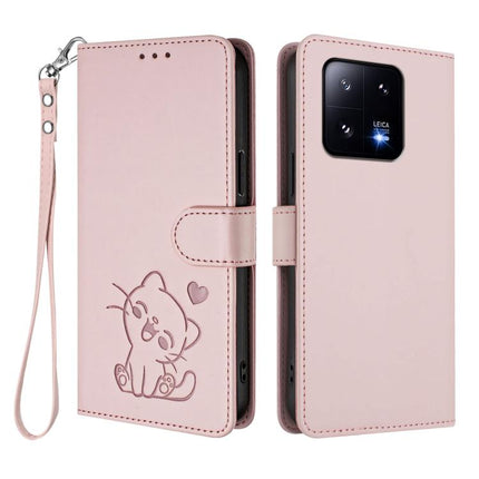 Embossed Heart Cat Leather Phone Case with Hand Strap, For Xiaomi 13 Pro 5G, For Xiaomi 13 5G