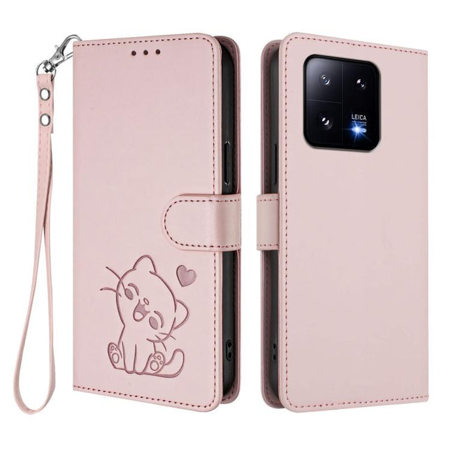 Embossed Heart Cat Leather Phone Case with Hand Strap, For Xiaomi 13 Pro 5G, For Xiaomi 13 5G