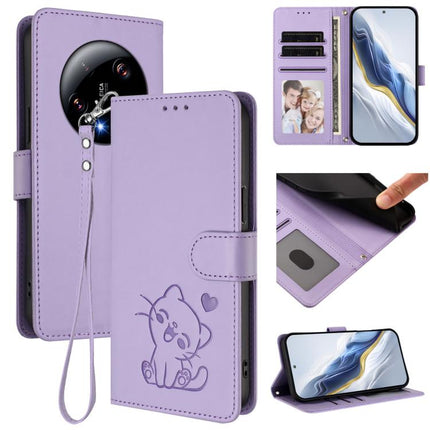 Embossed Heart Cat Leather Phone Case with Hand Strap, For Xiaomi 13T / 13T Pro 5G, For Xiaomi 13 Ultra