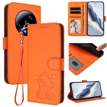 Embossed Heart Cat Leather Phone Case with Hand Strap, For Xiaomi 13T / 13T Pro 5G, For Xiaomi 13 Ultra
