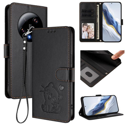 Embossed Heart Cat Leather Phone Case with Hand Strap, For Xiaomi 13T / 13T Pro 5G, For Xiaomi 13 Ultra