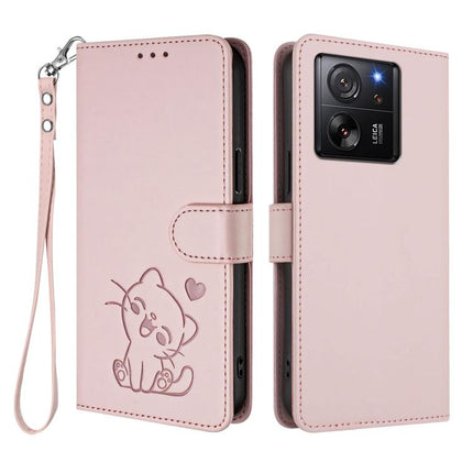 Embossed Heart Cat Leather Phone Case with Hand Strap, For Xiaomi 13T / 13T Pro 5G, For Xiaomi 13 Ultra