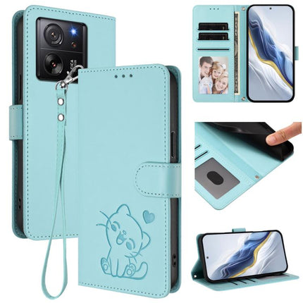Embossed Heart Cat Leather Phone Case with Hand Strap, For Xiaomi 13T / 13T Pro 5G, For Xiaomi 13 Ultra