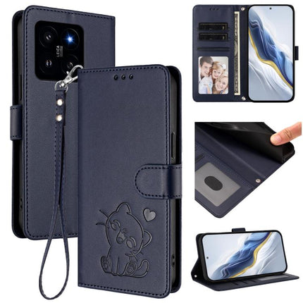 Embossed Heart Cat Leather Phone Case with Hand Strap, For Xiaomi 14 Pro 5G, For Xiaomi 14 5G