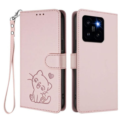 Embossed Heart Cat Leather Phone Case with Hand Strap, For Xiaomi 14 Pro 5G, For Xiaomi 14 5G