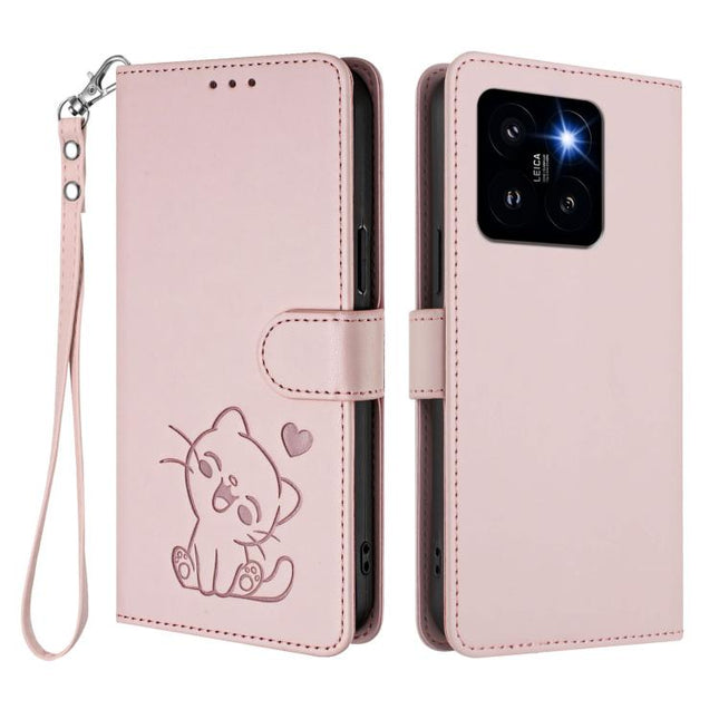 Embossed Heart Cat Leather Phone Case with Hand Strap, For Xiaomi 14 Pro 5G, For Xiaomi 14 5G