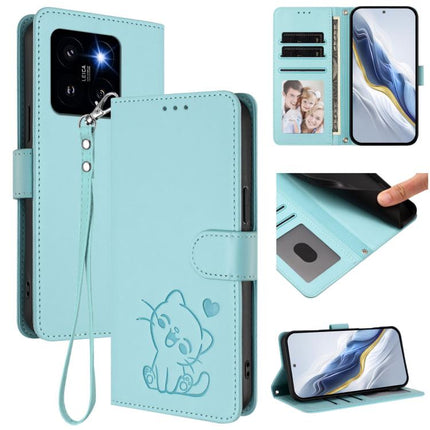 Embossed Heart Cat Leather Phone Case with Hand Strap, For Xiaomi 14 Pro 5G, For Xiaomi 14 5G