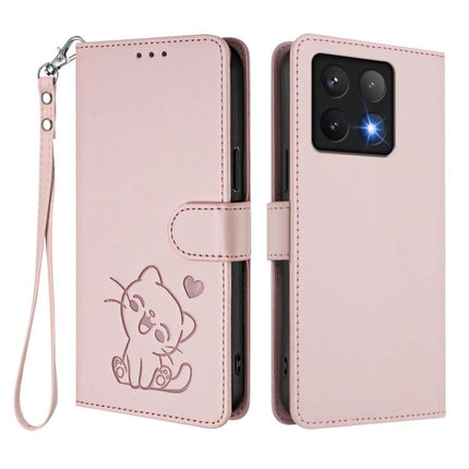 Embossed Heart Cat Leather Phone Case with Hand Strap, For Xiaomi 14T 5G, For Xiaomi Poco F6 5G