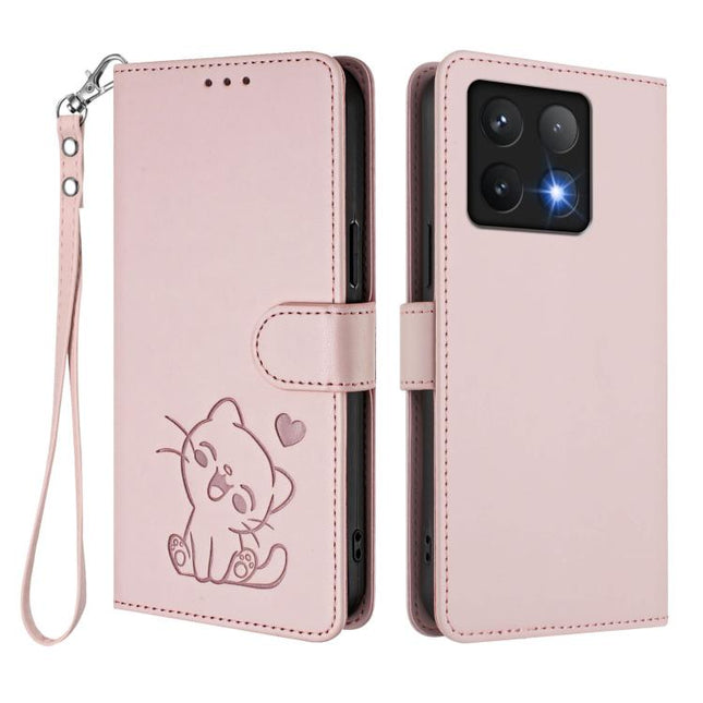 Embossed Heart Cat Leather Phone Case with Hand Strap, For Xiaomi 14T 5G, For Xiaomi Poco F6 5G