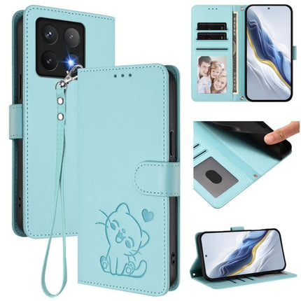 Embossed Heart Cat Leather Phone Case with Hand Strap, For Xiaomi 15, For Xiaomi 14T Pro 5G