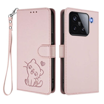 Embossed Heart Cat Leather Phone Case with Hand Strap, For Xiaomi 15, For Xiaomi 14T Pro 5G