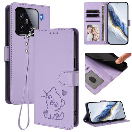 Embossed Heart Cat Leather Phone Case with Hand Strap, For Xiaomi 15, For Xiaomi 14T Pro 5G