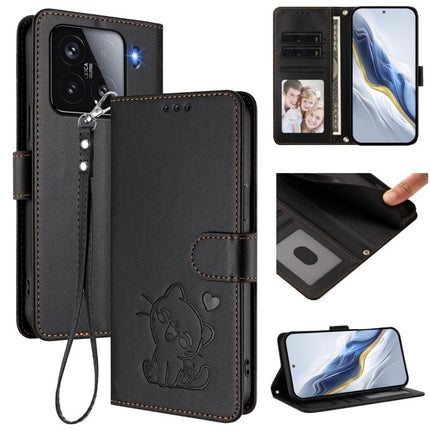 Embossed Heart Cat Leather Phone Case with Hand Strap, For Xiaomi 15, For Xiaomi 14T Pro 5G
