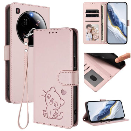 Embossed Heart Cat Leather Phone Case with Hand Strap, For Xiaomi Poco F7 Pro 5G / Redmi K80, For Xiaomi 15 Ultra